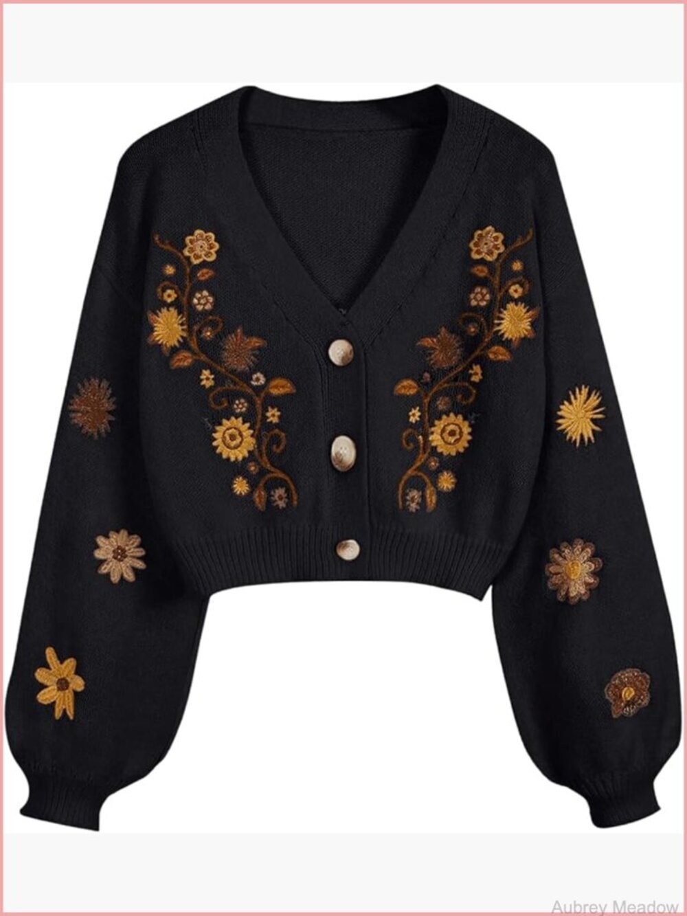 Floral Boho Cropped Cardigan Sweater, Cottagecore Embroidery Knit Top